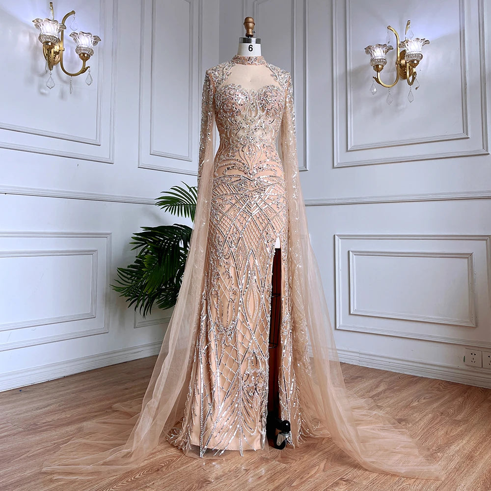 Luxury Nude Beaded Mermaid Evening Dress with Cape LA71747 - SERENE HILL