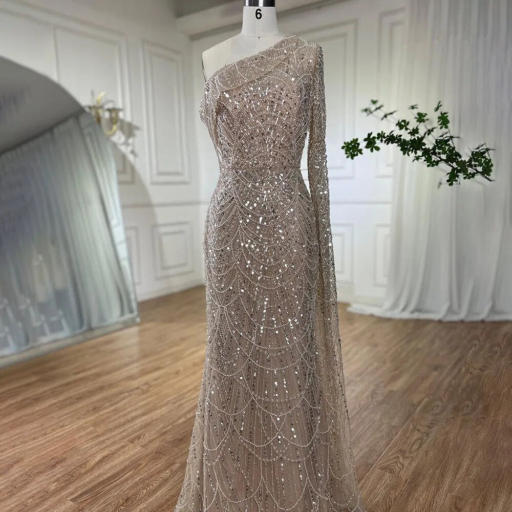 Luxury Nude Mermaid One-Shoulder Pearls Beaded Evening Dress LA72139 - SERENE HILL