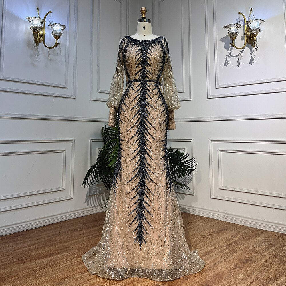 Serene Hill Nude O-neck Long Sleeves Cold Shoulder Evening Dresses Mermaid Beaded Party Gowns For Women LA72008 - SERENE HILL