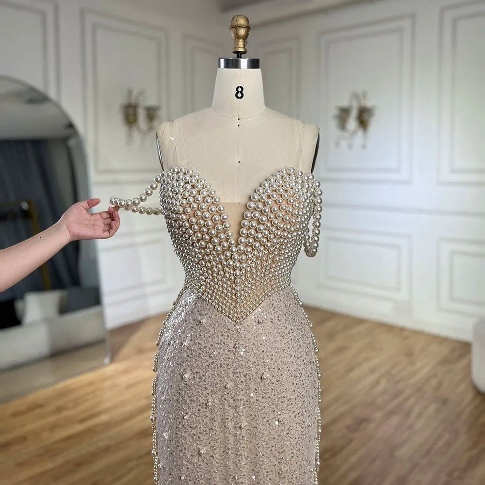 Serene Hill Nude Spaghetti Straps Mermaid Evening Dress with Beaded Pearls - Luxury Dubai Gown for Women&