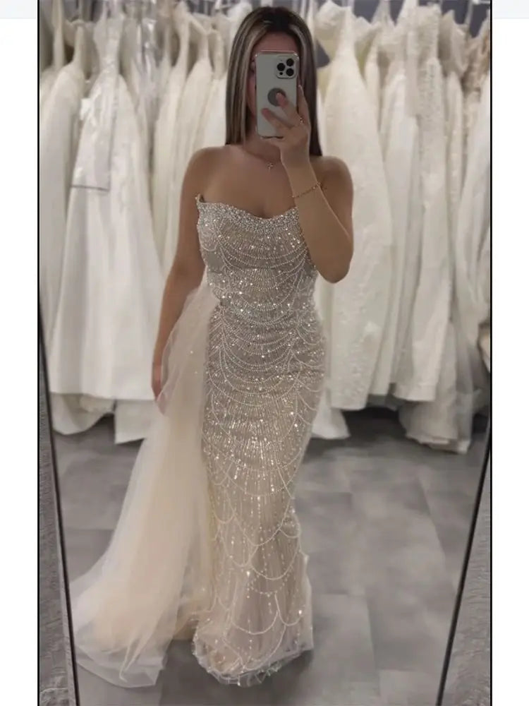 Luxury Dubai Nude Beaded Evening Gown with Sheer Side Train for Formal Occasion LA72886 - SERENE HILL