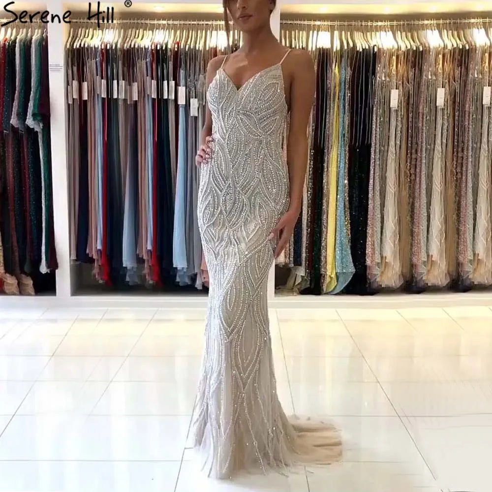 Serene Hill Nude White Mermaid Evening Dresses Gowns 2025 Spaghetti Strap Luxury Elegant For Women Party LA70214 - SERENE HILL