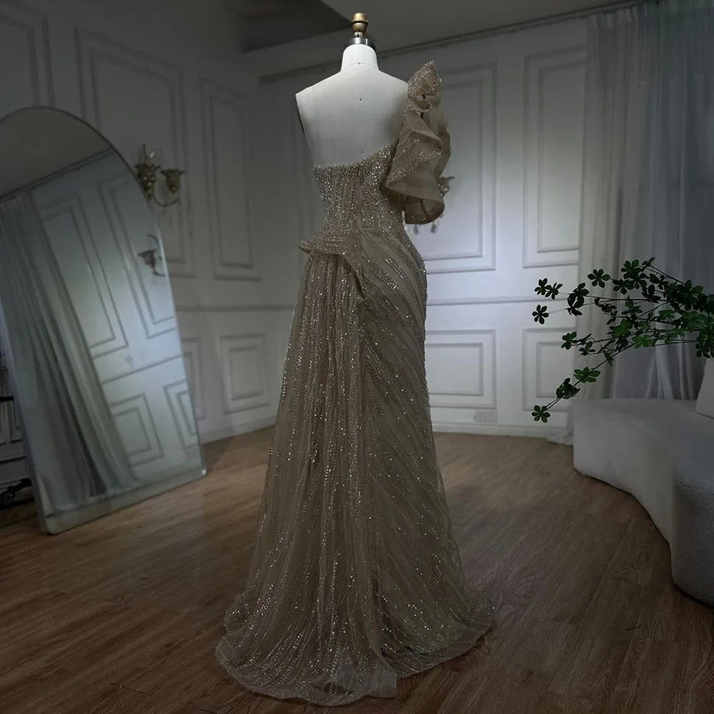 Serene Hill One-Shoulder nude Mermaid With Overskirt Beaded Evening Dress Gown for Women&