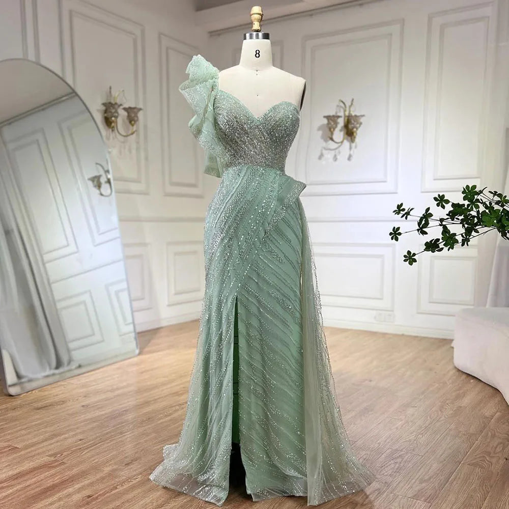 Serene Hill One-Shoulder nude Mermaid With Overskirt Beaded Evening Dress Gown for Women&