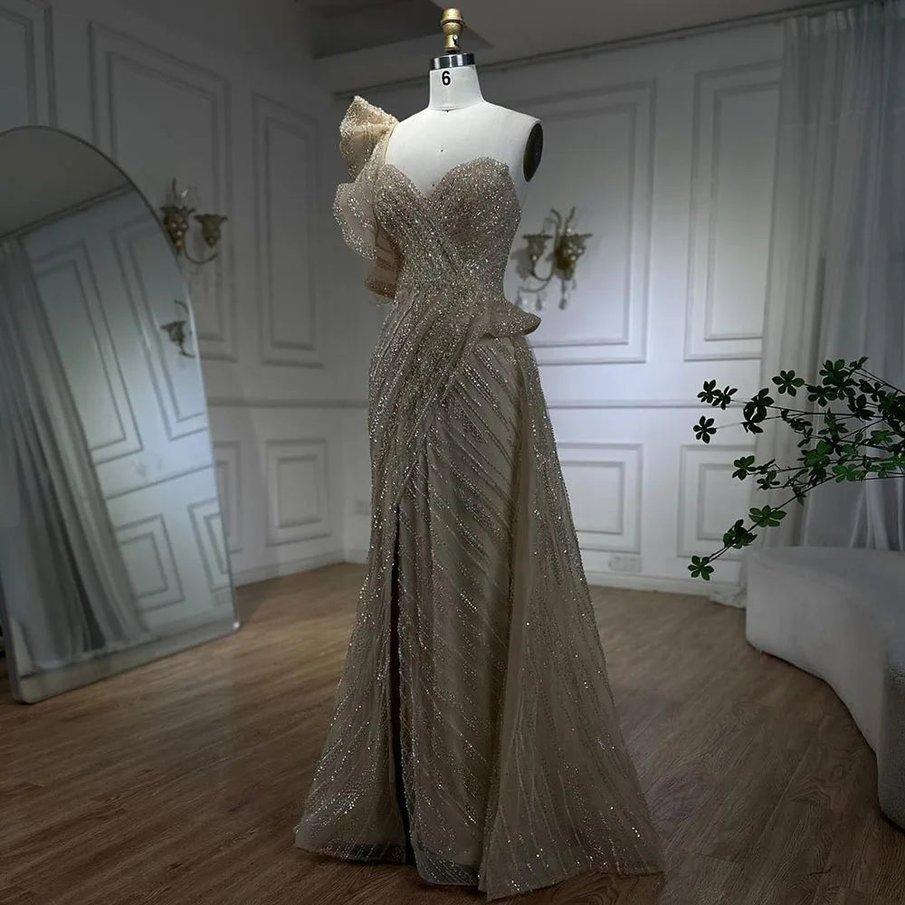 Serene Hill One-Shoulder nude Mermaid With Overskirt Beaded Evening Dress Gown for Women&