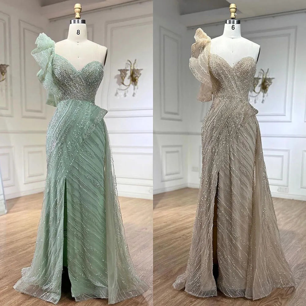 Serene Hill One-Shoulder nude Mermaid With Overskirt Beaded Evening Dress Gown for Women&