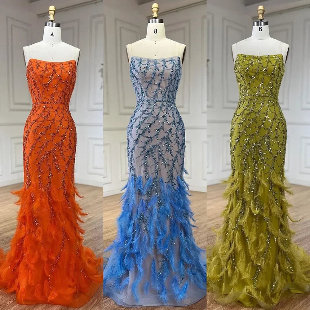 Serene Hill Orange Spaghetti Strap Mermaid Evening Dresses Gowns Luxury Feathers Beaded for Women Wedding Party 2025 LA72272 - SERENE HILL