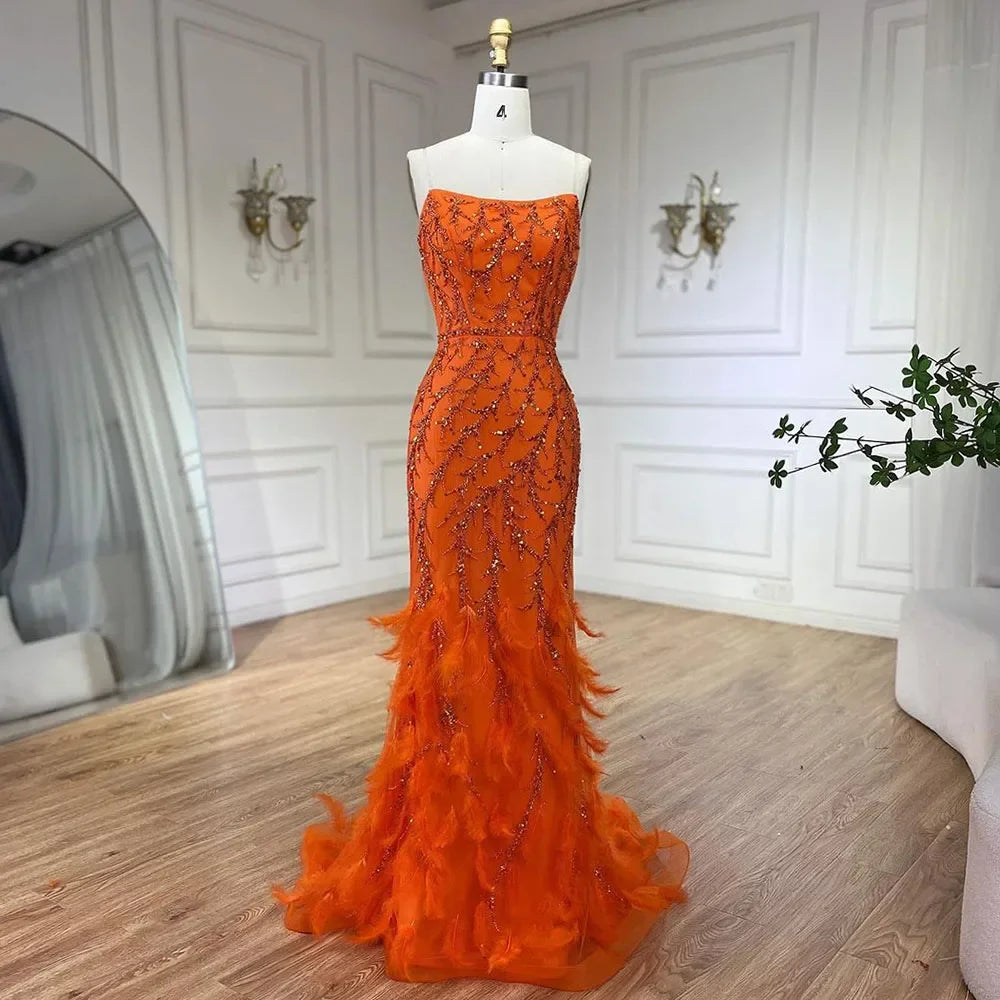 Serene Hill Orange Spaghetti Strap Mermaid Evening Dresses Gowns Luxury Feathers Beaded for Women Wedding Party 2025 LA72272 - SERENE HILL