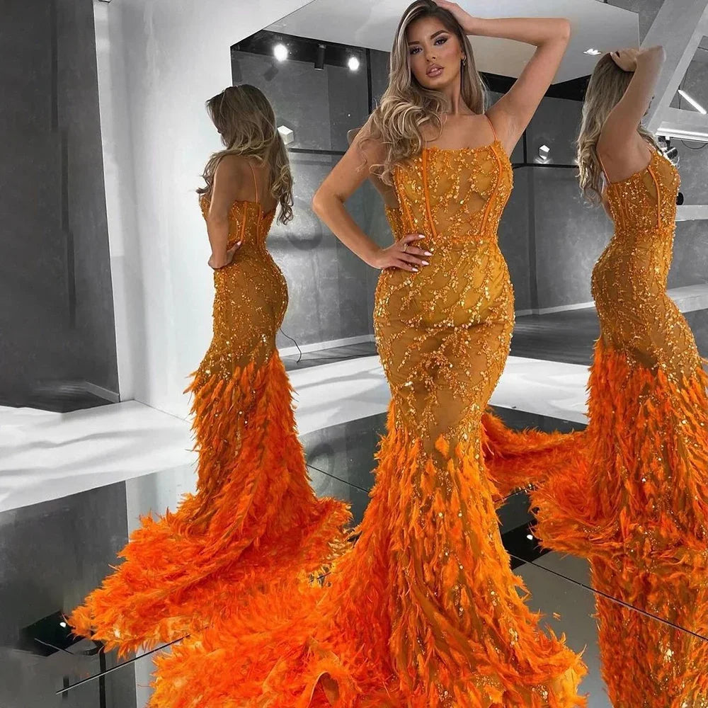 Serene Hill Orange Spaghetti Strap Mermaid Evening Dresses Gowns Luxury Feathers Beaded for Women Wedding Party 2025 LA72272 - SERENE HILL