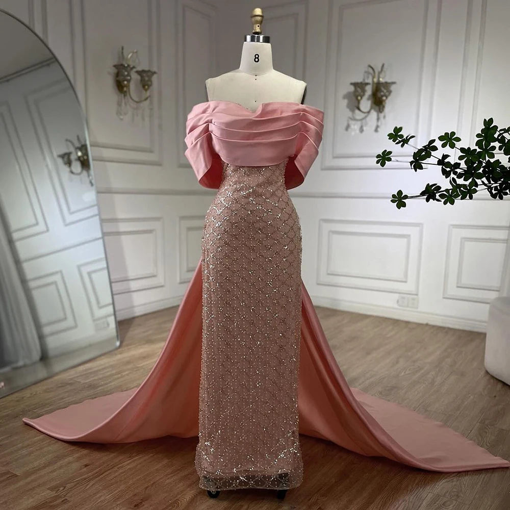 Luxury Off Shoulder Pink Evening Dress with Cape LA72325 - SERENE HILL