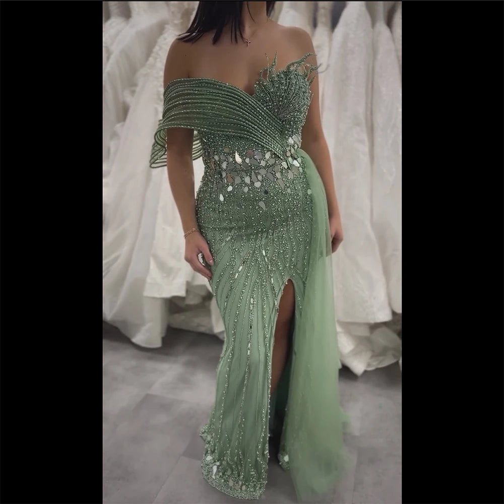 Luxury Dubai Pink Beaded One-Shoulder Mermaid Evening Gown with Slit and Tulle Detail for Formal Occasion LA72888 - SERENE HILL