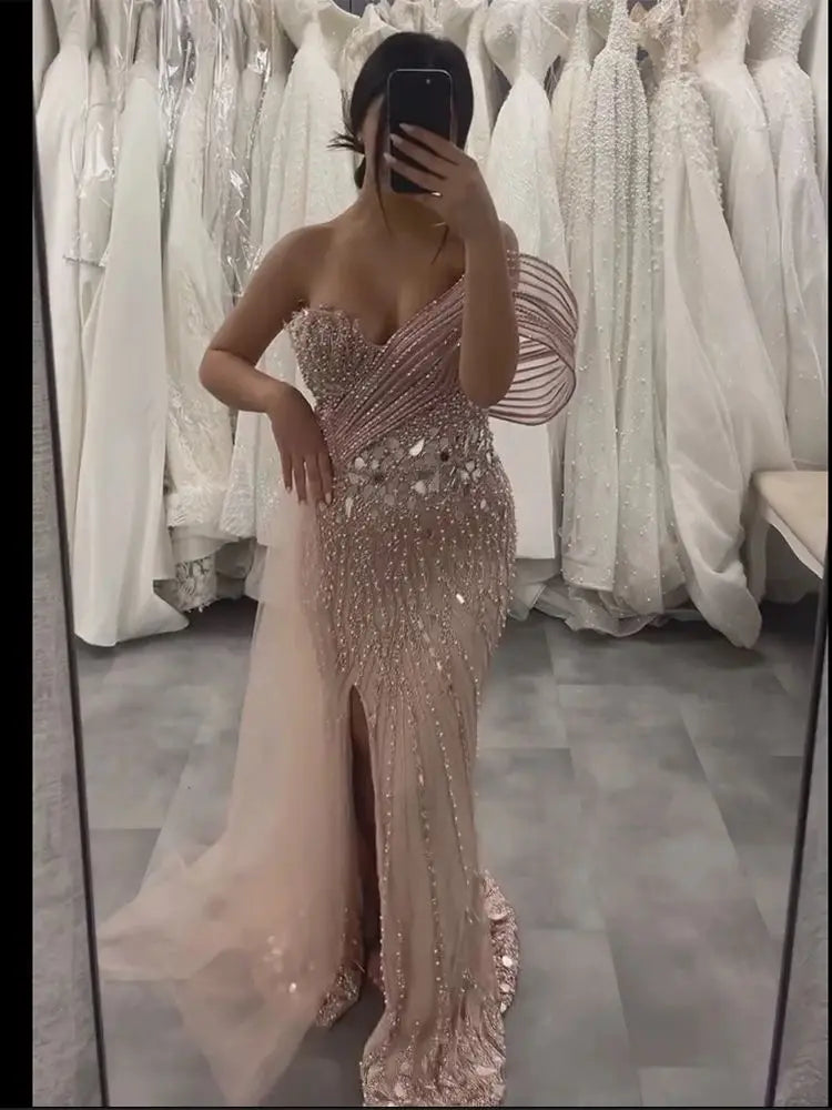 Luxury Dubai Pink Beaded One-Shoulder Mermaid Evening Gown with Slit and Tulle Detail for Formal Occasion LA72888 - SERENE HILL