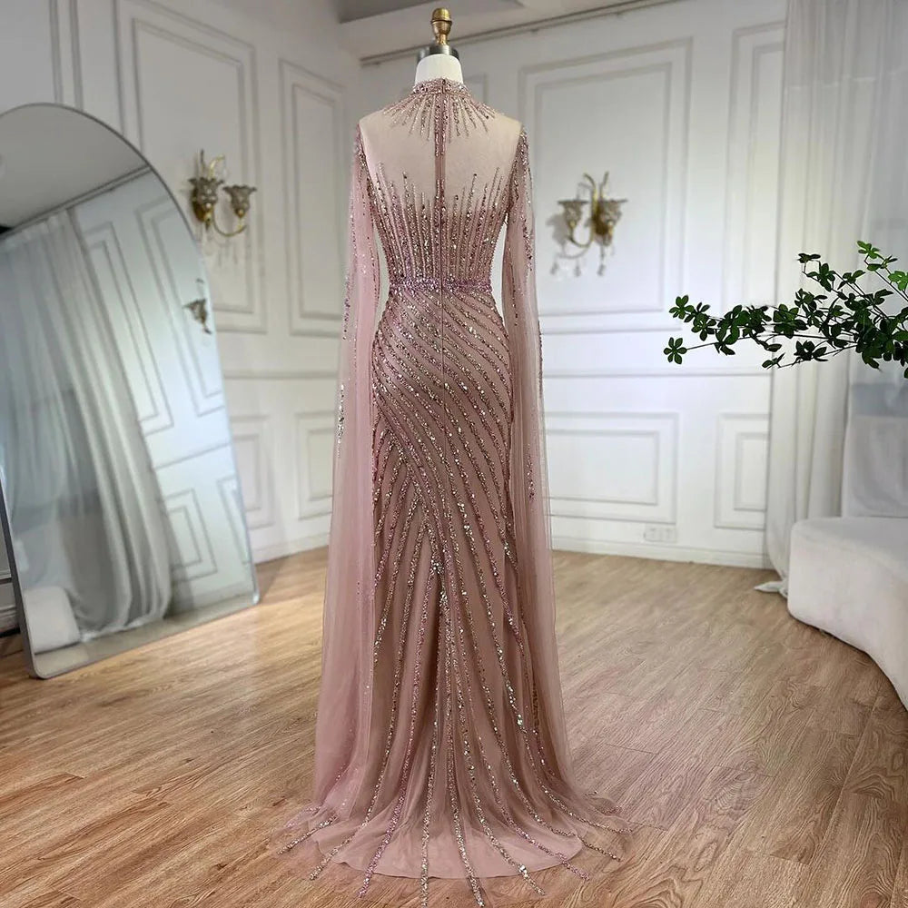 Serene Hill Pink Cape Sleeves Mermaid Split Beaded Luxury Dubai Long Evening Dresses Gowns for Women Wedding Party 2025 LA72449 - SERENE HILL