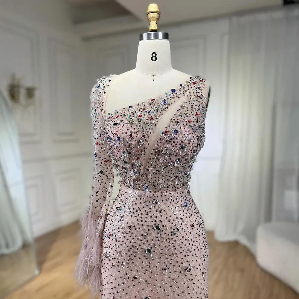 Serene Hill Pink Elegant Mermaid with Skirt Crystal Beaded Feathers Luxury Evening Dress Ladies Wedding Party Dress 2025 LA72377 - SERENE HILL
