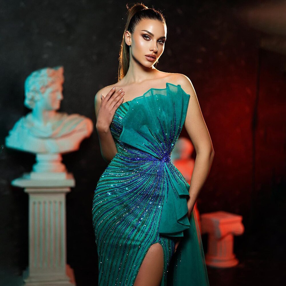 Serene Hill Green Beaded Mermaid High Split Evening Party Gowns 2025 Sexy Party Dresses For Women LA72090 - SERENE HILL