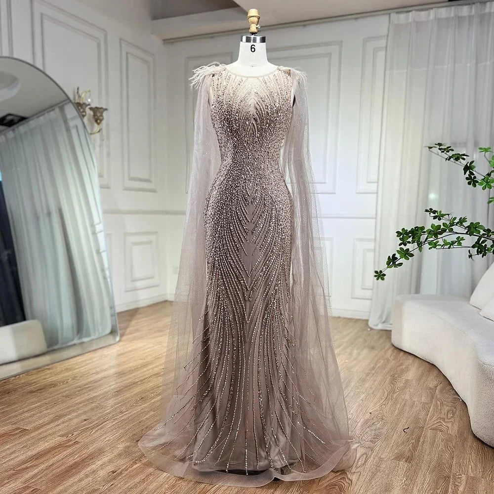 Serene Hill Pink Mermaid Elegant Cape Sleeves Evening Dresses Gowns 2025 Luxury Feathers Beaded For Women Party LA71709 - SERENE HILL