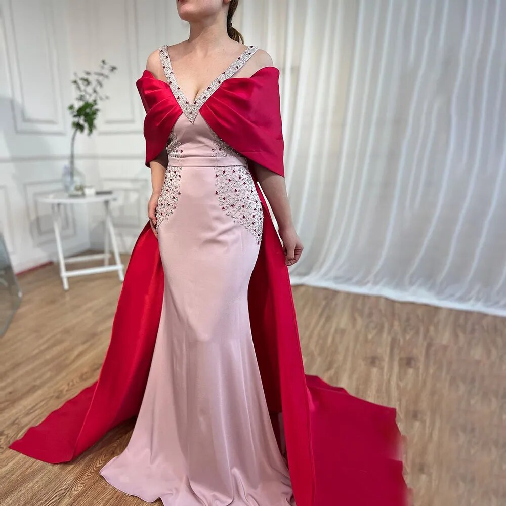Luxury Arabic Pink Burgundy Mermaid Evening Dress with Cape LA72121 - SERENE HILL