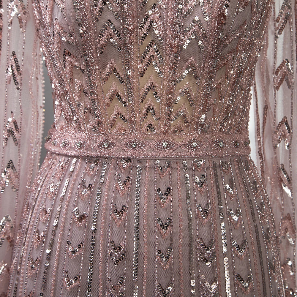 Serene Hill Pink Mermaid Elegant O-Neck Long SleevesEvening Dresses Gowns Luxury Beaded For Woman Party LA71696 - SERENE HILL