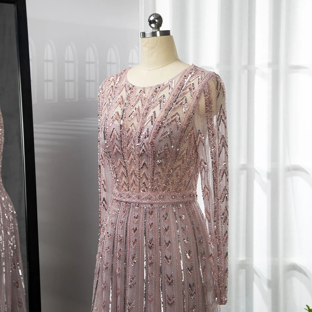 Serene Hill Pink Mermaid Elegant O-Neck Long SleevesEvening Dresses Gowns Luxury Beaded For Woman Party LA71696 - SERENE HILL