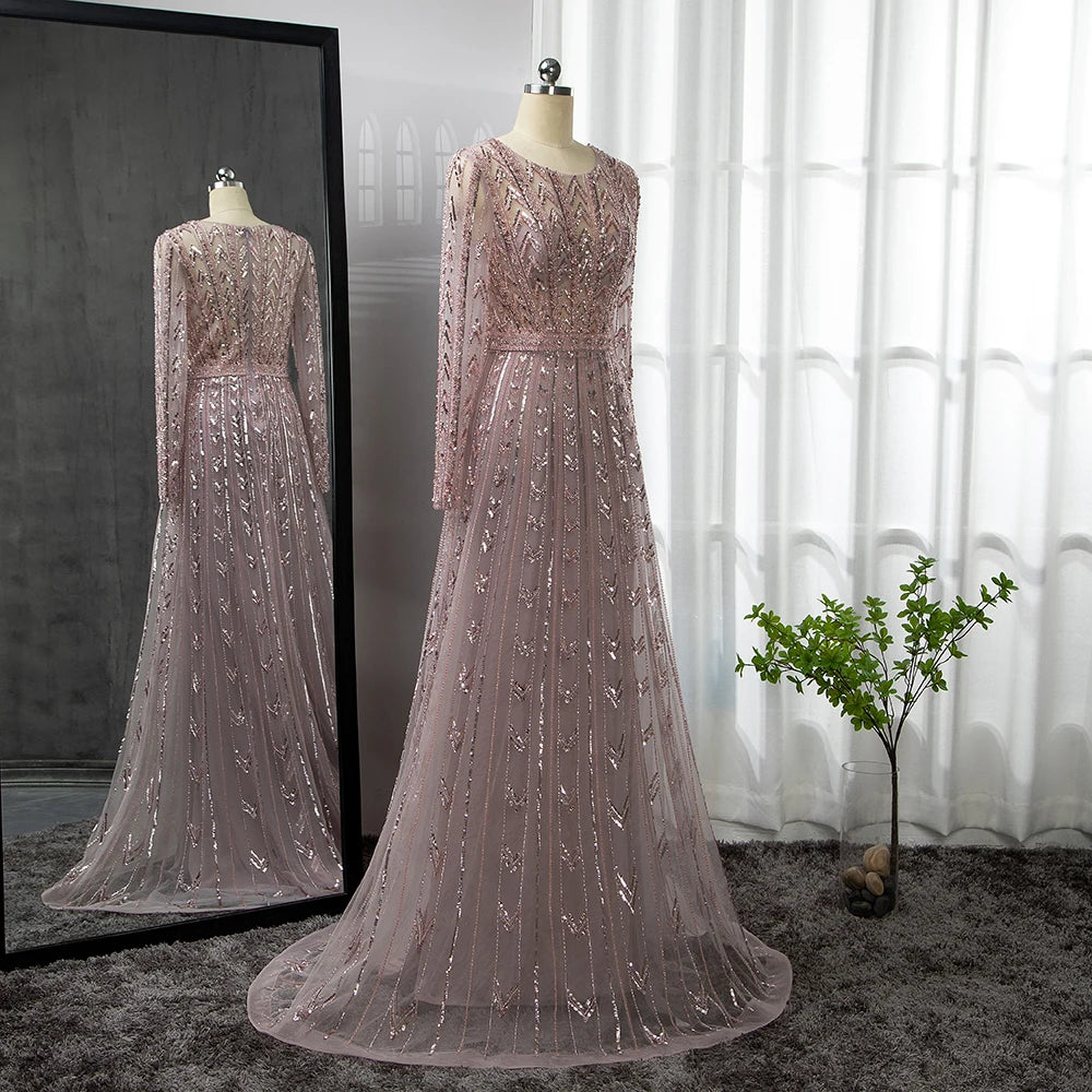 Serene Hill Pink Mermaid Elegant O-Neck Long SleevesEvening Dresses Gowns Luxury Beaded For Woman Party LA71696 - SERENE HILL