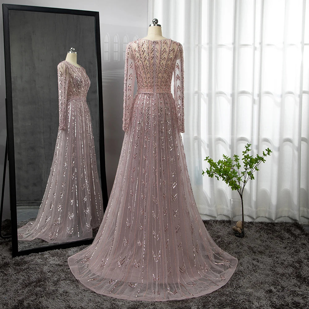 Serene Hill Pink Mermaid Elegant O-Neck Long SleevesEvening Dresses Gowns Luxury Beaded For Woman Party LA71696 - SERENE HILL