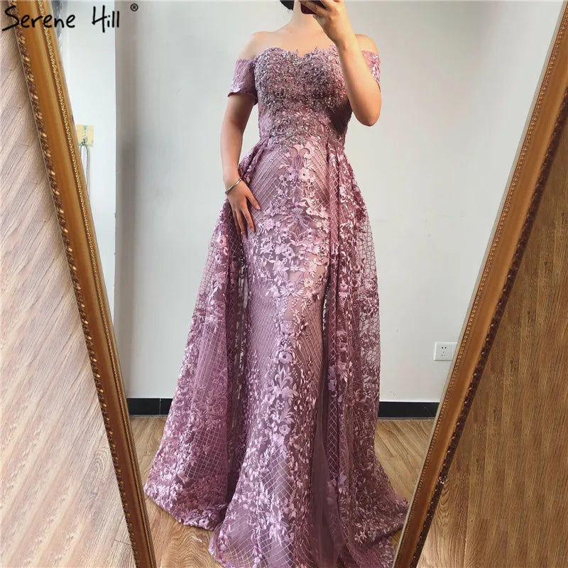 Serene Hill Pink Mermaid Elegant Short Sleeve Flowers Evening Dresses 2025 Dubai Sexy Off Shoulder Lace Crystal Gowns LA70200 - SERENE HILL