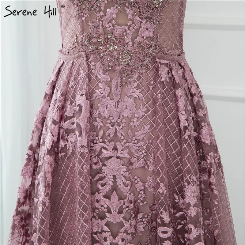 Serene Hill Pink Mermaid Elegant Short Sleeve Flowers Evening Dresses 2025 Dubai Sexy Off Shoulder Lace Crystal Gowns LA70200 - SERENE HILL
