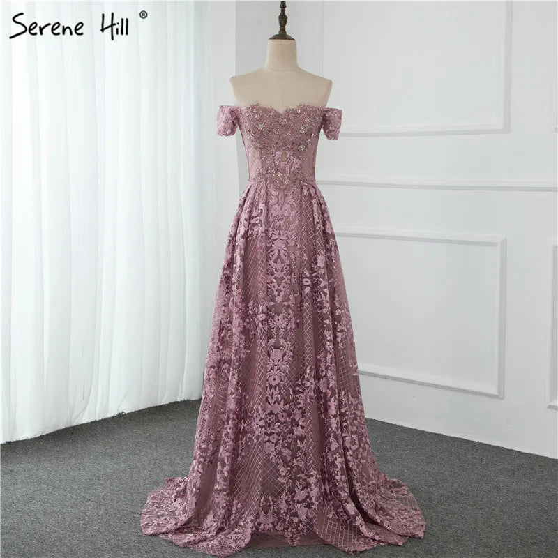 Serene Hill Pink Mermaid Elegant Short Sleeve Flowers Evening Dresses 2025 Dubai Sexy Off Shoulder Lace Crystal Gowns LA70200 - SERENE HILL