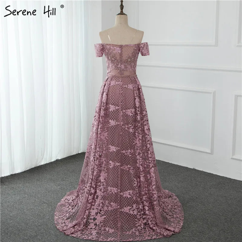Serene Hill Pink Mermaid Elegant Short Sleeve Flowers Evening Dresses 2025 Dubai Sexy Off Shoulder Lace Crystal Gowns LA70200 - SERENE HILL