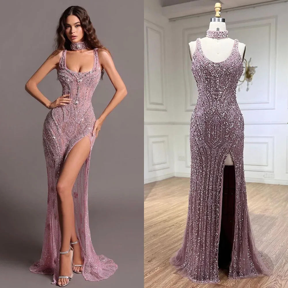 Serene Hill Pink Mermaid Elegant Sleeveless High Split Luxury Dubai Evening Dresses Gowns For Women Wedding Party 2025 LA72259 - SERENE HILL