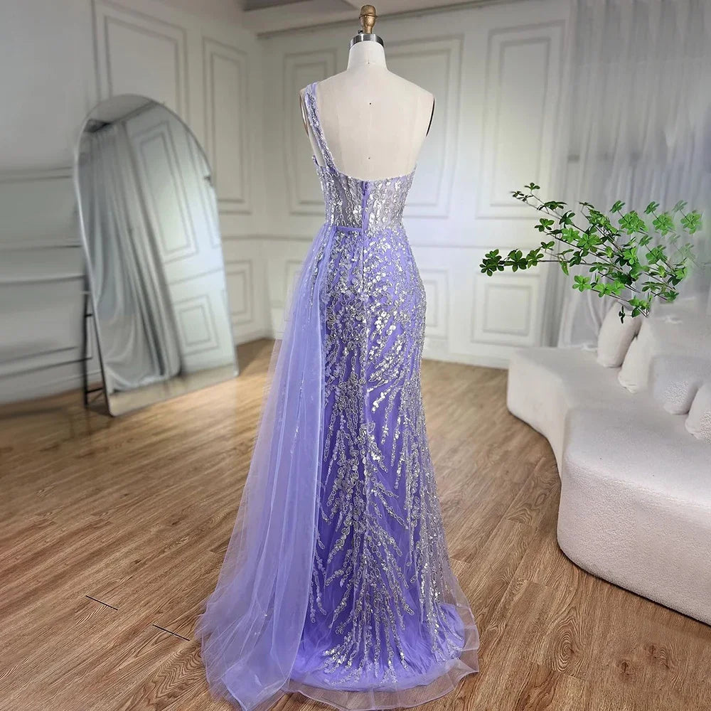 Serene Hill Pink Mermaid Overskirt Evening Dresses Gowns 2025 One Shoulder Beaded Elegant For Women Party LA71616 - SERENE HILL