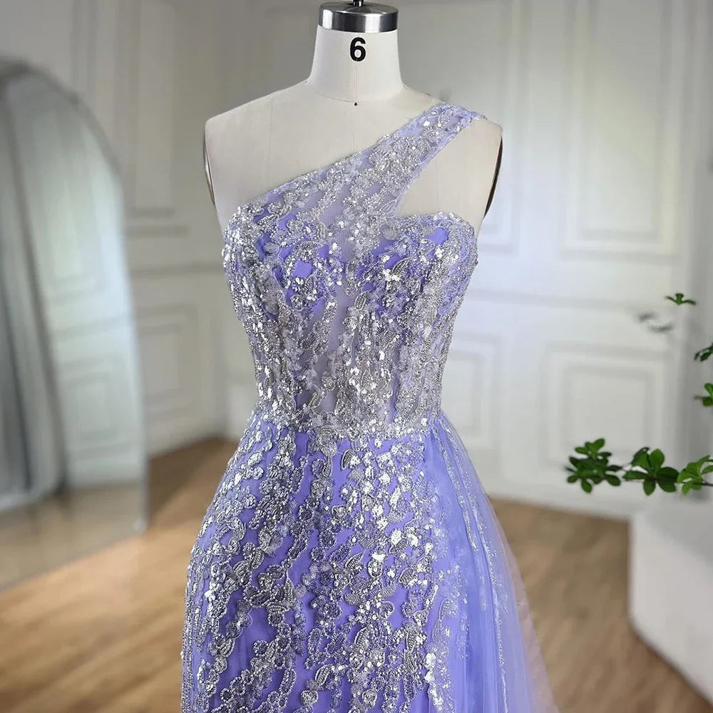 Serene Hill Pink Mermaid Overskirt Evening Dresses Gowns 2025 One Shoulder Beaded Elegant For Women Party LA71616 - SERENE HILL