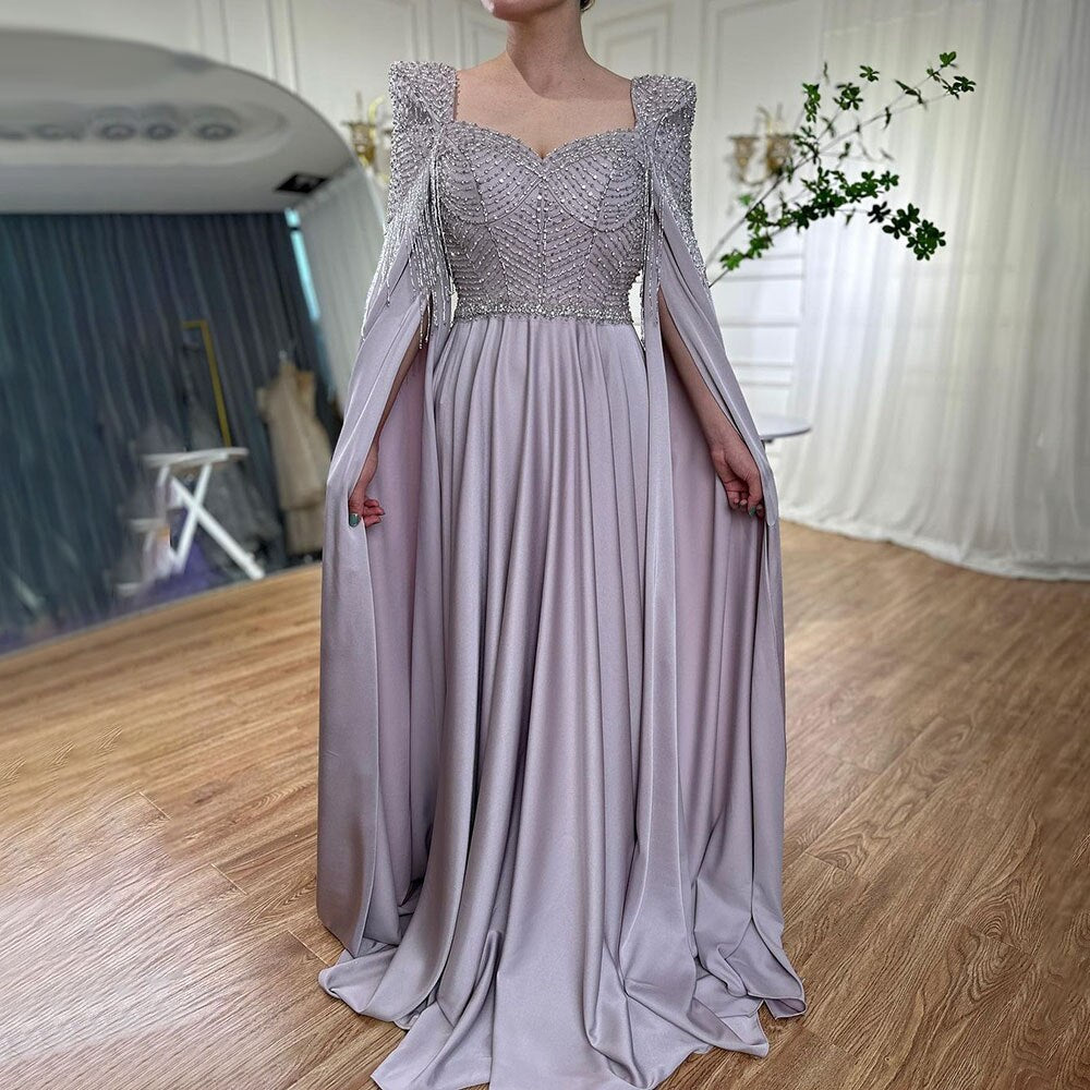 Serene Hill Pink Muslim Elegant Mermaid Cape Sleeves Evening Dresses Tassel Beaded Gowns 2025 For Women Wedding Party LA72159 - SERENE HILL