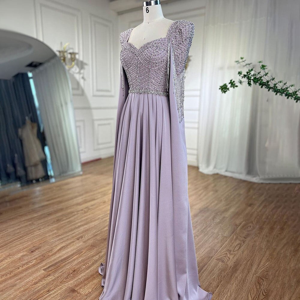 Serene Hill Pink Muslim Elegant Mermaid Cape Sleeves Evening Dresses Tassel Beaded Gowns 2025 For Women Wedding Party LA72159 - SERENE HILL