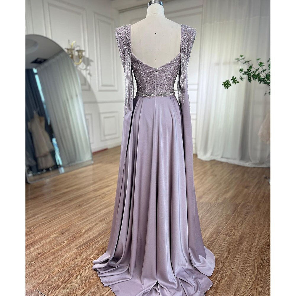 Serene Hill Pink Muslim Elegant Mermaid Cape Sleeves Evening Dresses Tassel Beaded Gowns 2025 For Women Wedding Party LA72159 - SERENE HILL