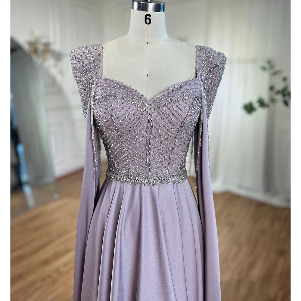 Serene Hill Pink Muslim Elegant Mermaid Cape Sleeves Evening Dresses Tassel Beaded Gowns 2025 For Women Wedding Party LA72159 - SERENE HILL