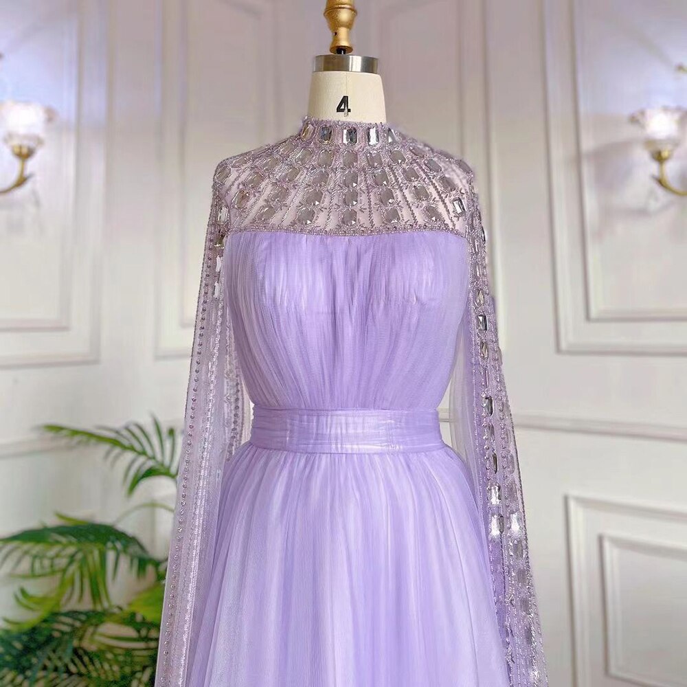 Serene Hill Purple Arabic A-Line Beaded Sexy Luxury Cape Sleeves High Neck Evening Dresses Gowns 2025 For Women Party LA71764 - SERENE HILL