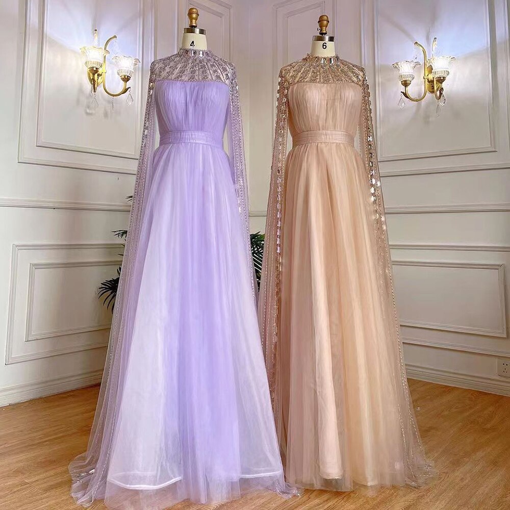 Serene Hill Purple Arabic A-Line Beaded Sexy Luxury Cape Sleeves High Neck Evening Dresses Gowns 2025 For Women Party LA71764 - SERENE HILL