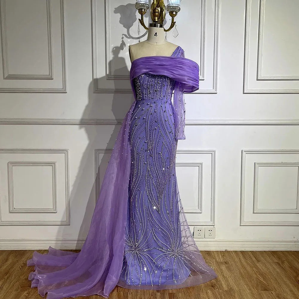 Serene Hill Purple Arabic Evening Dress Side Train Pearls One Shoulder for Women&