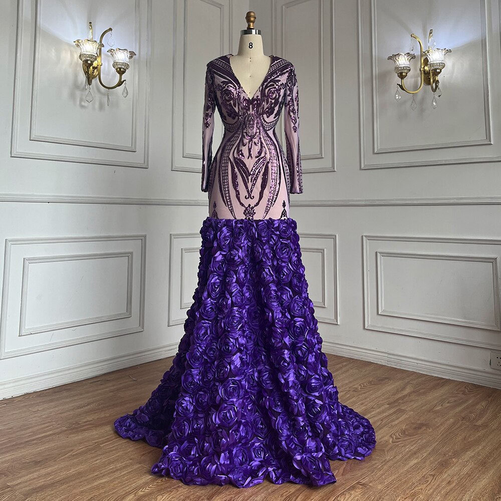 Serene Hill Purple Long Prom Dresses 2025 Luxury Sequined Sexy