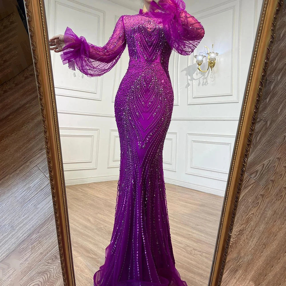 Serene Hill Purple Mermaid Elegant High Neck Evening Dresses Gowns Long Sleeves Beaded Luxury For Women Party LA71690 - SERENE HILL