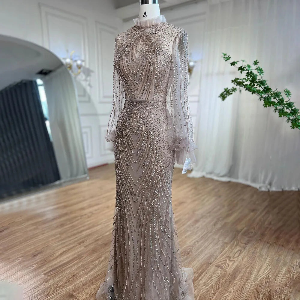 Serene Hill Purple Mermaid Elegant High Neck Evening Dresses Gowns Long Sleeves Beaded Luxury For Women Party LA71690 - SERENE HILL