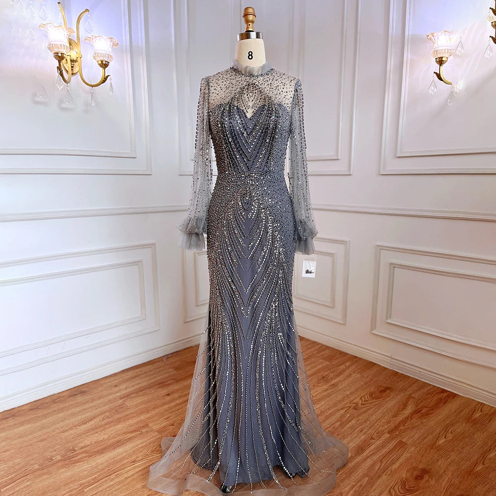 Serene Hill Purple Mermaid Elegant High Neck Evening Dresses Gowns Long Sleeves Beaded Luxury For Women Party LA71690 - SERENE HILL