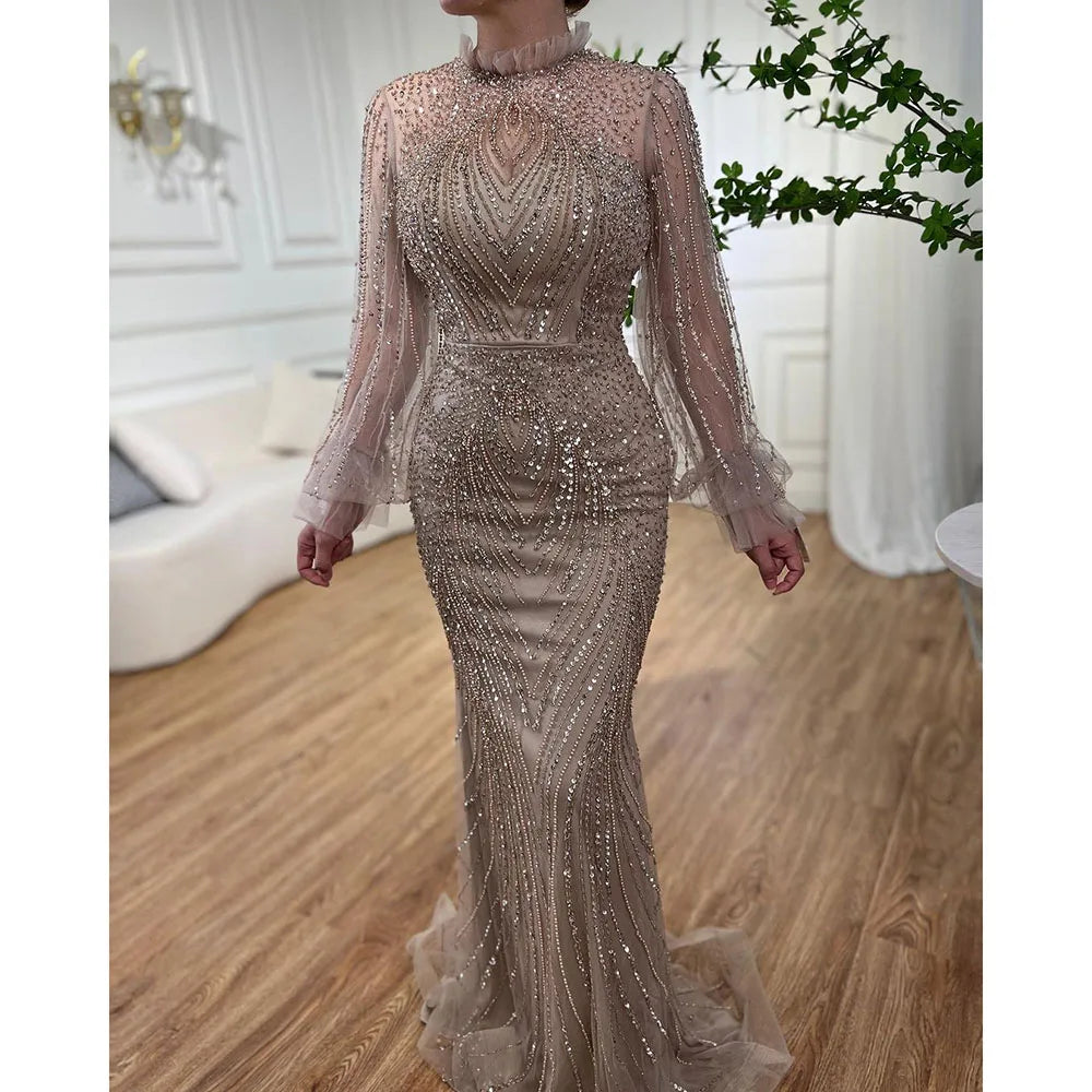 Serene Hill Purple Mermaid Elegant High Neck Evening Dresses Gowns Long Sleeves Beaded Luxury For Women Party LA71690 - SERENE HILL