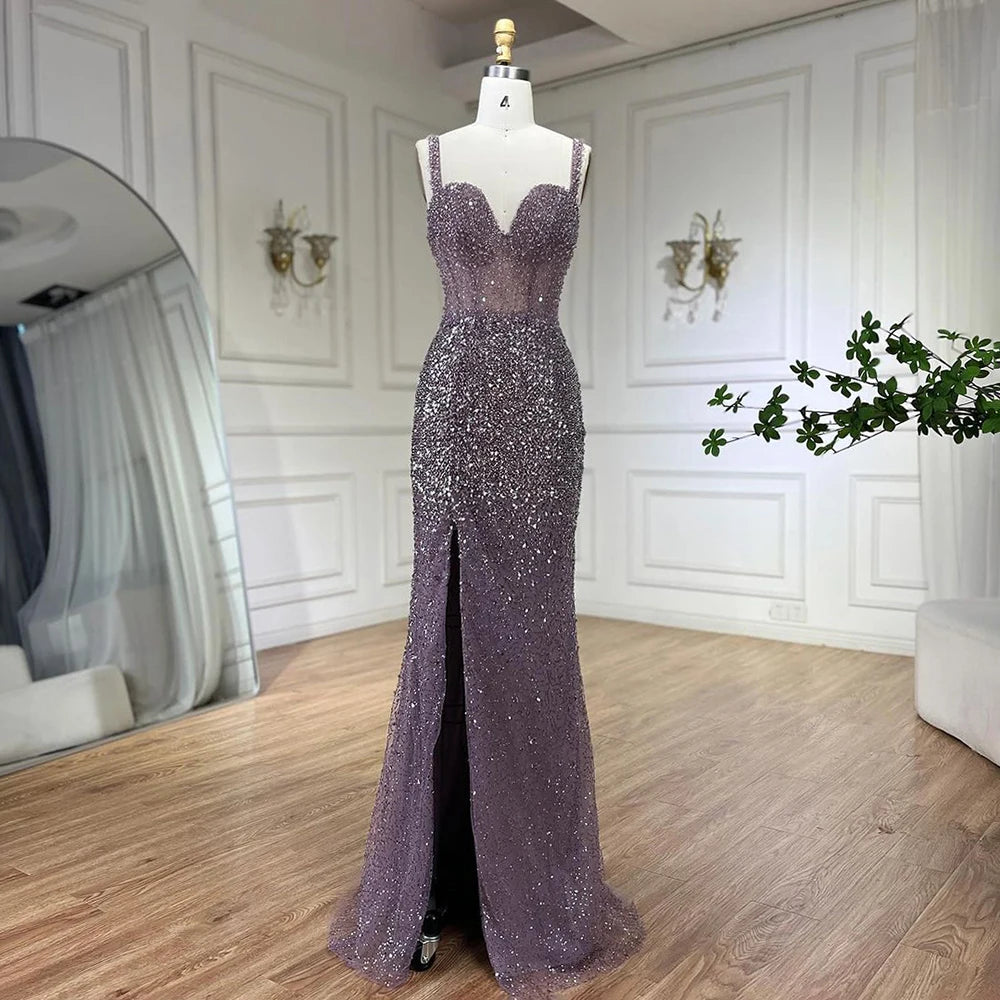 Serene Hill Purple Spaghetti Straps Mermaid Beaded Party High Split Evening Dresses Gowns for Woman Wedding Party 2025 LA72454 - SERENE HILL