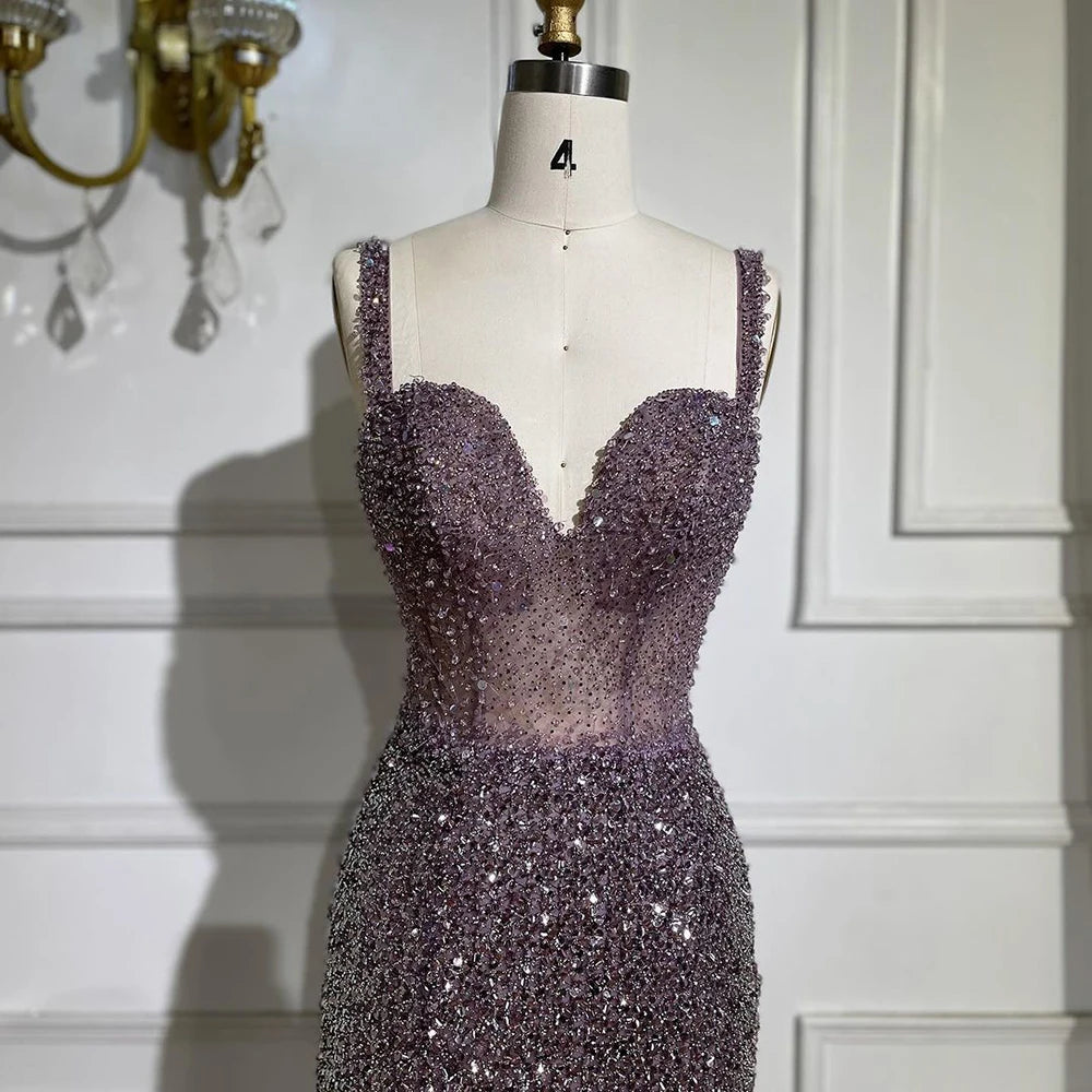 Serene Hill Purple Spaghetti Straps Mermaid Beaded Party High Split Evening Dresses Gowns for Woman Wedding Party 2025 LA72454 - SERENE HILL
