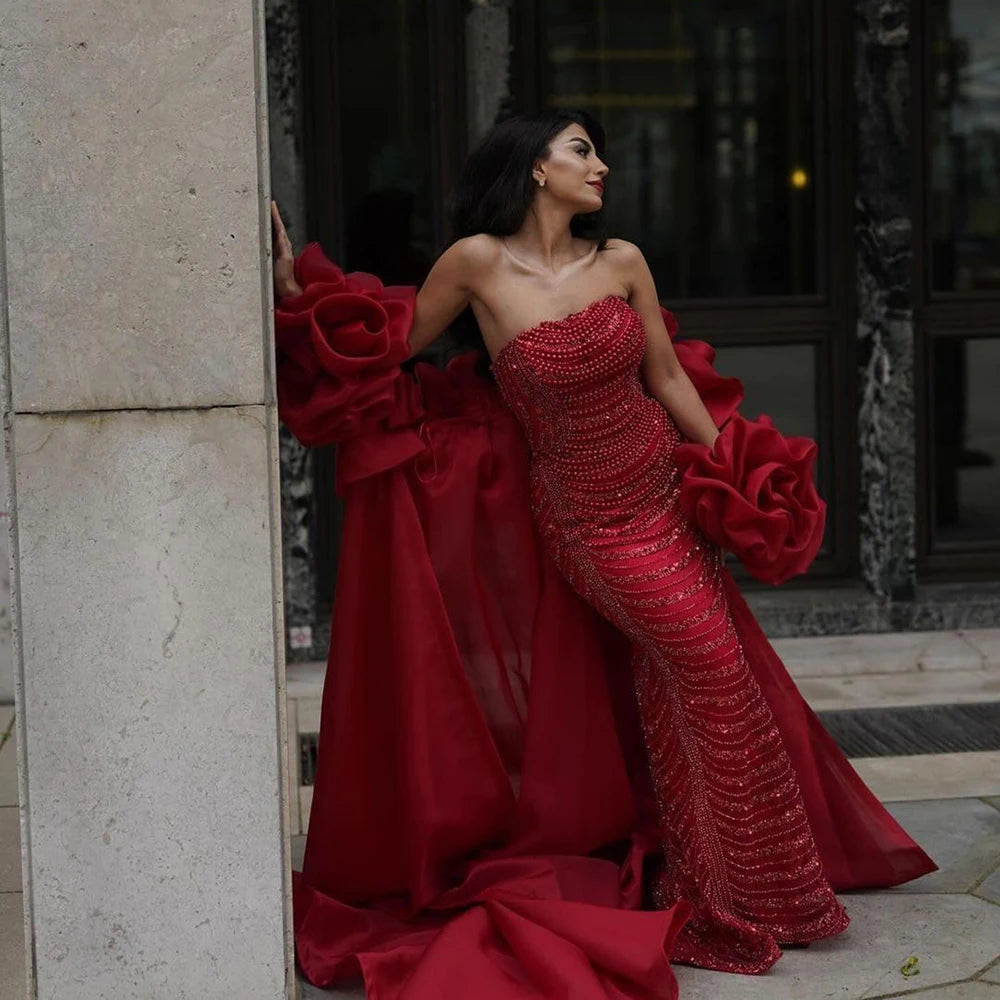 Serene Hill Luxury Designer Red Mermaid Evening Dress With Puff Sleeve SERENE HILL Serene Hill Luxury Designer Red Mermaid Evening Dress With Puff Sleeve SERENE HILL