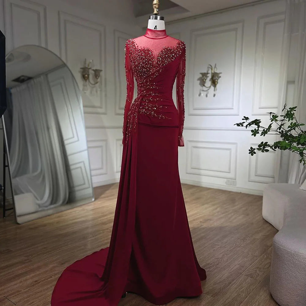 Serene Hill Rose Gold Long Sleeve High Neck Luxury Mermaid With Skirt Evening Dresses Gowns For Women Party 2025 LA71804 - SERENE HILL