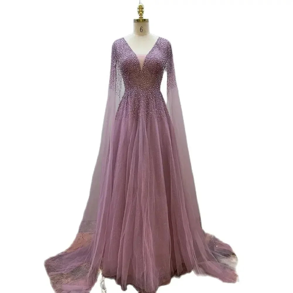 Royal Blue Luxury Dubai Evening Dress with Cape Sleeves LA72315 - SERENE HILL