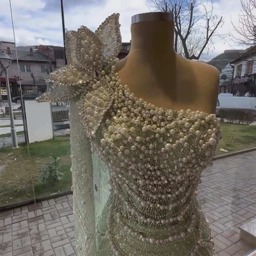 Luxury Sage Green One-Shoulder Pearls Beaded Evening Dress LA72511 - SERENE HILL